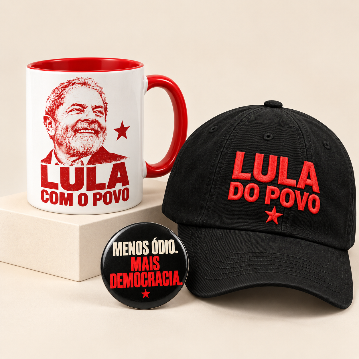 Caneca Lula com o povo, boné preto Lula do povo e broche Mais democracia