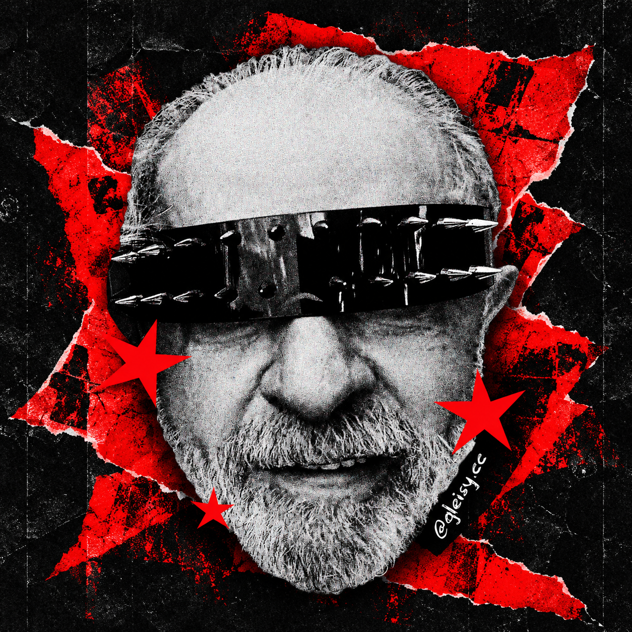 Arte da coleção Lula Punk com retrato em preto e branco, estrelas e colagem vermelha